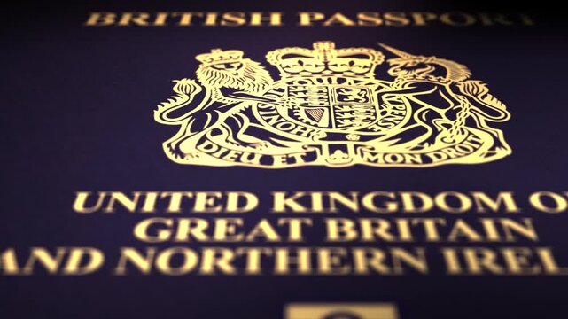 Camera pans over cinematic British or UK Passport
