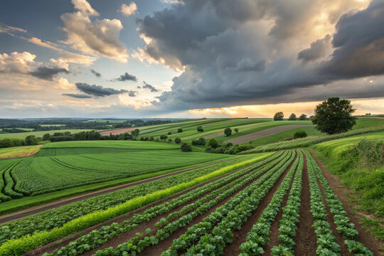 A scenic rural landscape with a green field under a vast blue sky with clouds