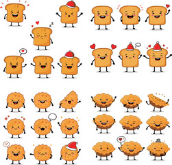 Cute cartoon food collection. Adorable toast and pie characters in various poses, with happy and playful expressions.