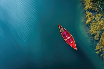 Red canoe on serene water, aerial view