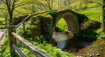 A rustic and aesthetic view of an ancient stone arch bridge over a tranquil river in the lush green countryside