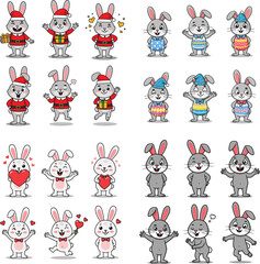 Cartoon bunnies: Christmas, Easter, love themed in different poses and expressions