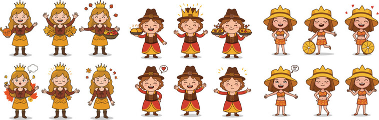 Cartoon collection featuring girls wearing crowns, pilgrim hats, and beach hats in various poses