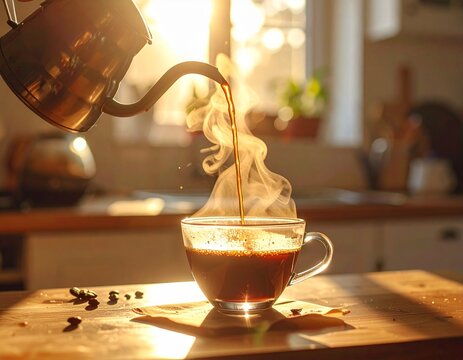 Close up of hot coffee dripping into a glass cup, steam rising, cozy kitchen background, warm morning light.