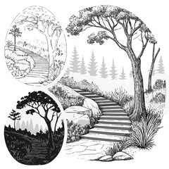 Monochrome Forest Path with Arching Trees Vector Art