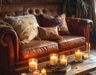 Warm and Cozy Leather Sofa with Decorated Pillows and Candles