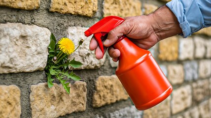 Fototapeta premium Hand using spray bottle on weed growing from stone wall for garden control