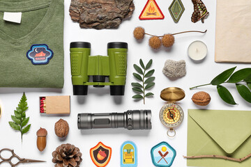Set of scout supplies on white background