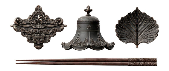 Intricately Designed Decorative Items Featuring Chopsticks, Bell, Leaf, and Ornament