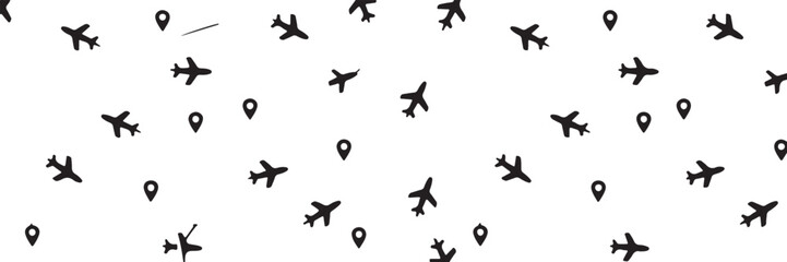travel icons pattern with airplanes dotted flight paths and location markers vector seamless tile