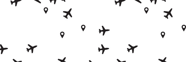 airplane and location pin vector pattern travel background with curved flight paths seamless