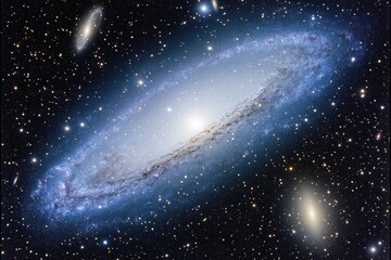 A spiral galaxy, light-blue hues, amidst a star-studded expanse