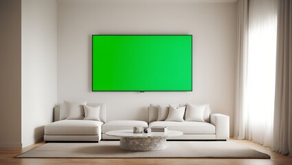 A contemporary living room with a large wall-mounted television displaying a blank green screen.