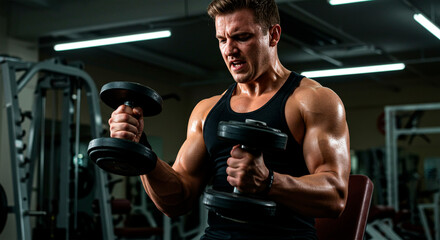 Naklejka premium Man in a black tank top lifting dumbbells at the gym