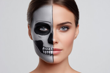 Woman with halloween half skull makeup on face