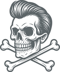 Rockabilly Skull Vector Retro Skeleton Illustration with Pompadour Hair