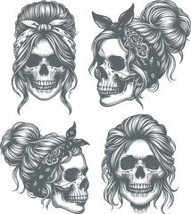 Pinup Girl Skull Vector Retro Gothic Skeleton Illustration