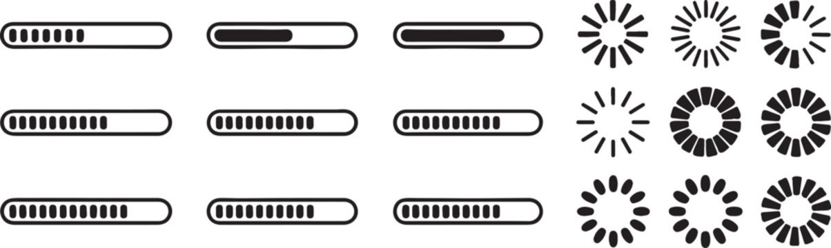 set of modern loading indicators progress bars segmented loaders spinners and circular preloader icons for ui ux vector ai eps png jpeg