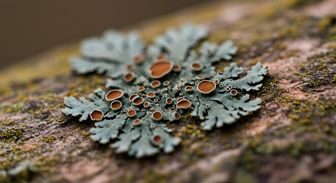 Macro view of intricate foliose lichen with orange apothecia on tree bark, showcasing natural patterns, textures, and biological detail