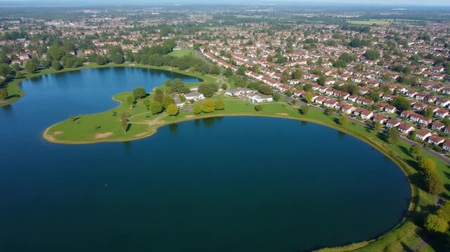 Aerial view of a serene lake and suburban area, Scenic aerial view of a large lake surrounded