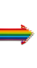 Fototapeta premium Vibrant arrow made of colorful pencils points forward, direction and art concept, creative journey, expressing ideas with rainbow colors, children creativity