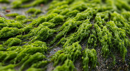 Vibrant Green Algae and Moss Texture on Wet Rock Surface