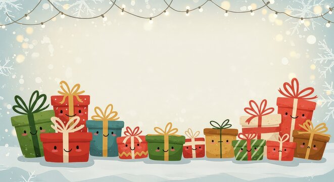 Cartoon Christmas gifts with faces and string lights on a snowy background.