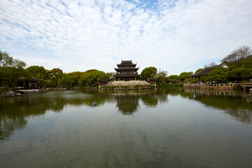 Fototapeta premium Suzhou Panmen Scenic Area Chinese-style ancient building pavilion scenery image, China
