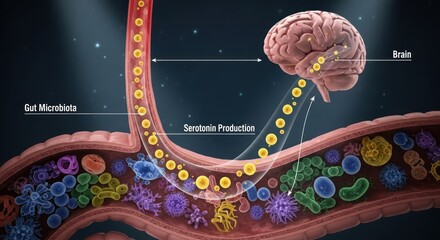 Illustrative representation of serotonin production within the gut microbiota and its journey to the brain.