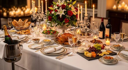 Fototapeta premium Elegantly set dinner table with roasted turkey, wine, and candles