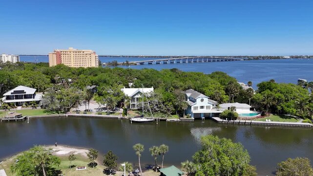 Eau Gallie River leading to the Yacht Harbor basin behind Ballard Park along the Indian River in Brevard County in Melbourne, Florida. 