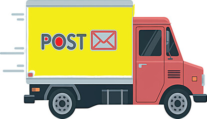 Illustration of a red and yellow postal delivery truck with the word POST and an envelope icon, symbolizing mail and package services for logistics and distribution