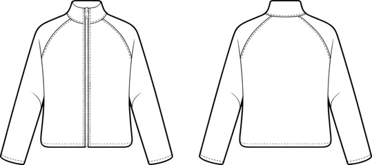 Fashion flat sketch of zipper jacket with high collar, long sleeves, front and back technical drawing, garment design illustration template © Creatives Sakib