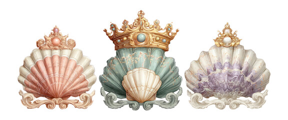 Elegant Shell Designs with Crown Elements on Transparent Background for Art Projects