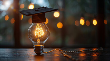 Graduation cap on lit lightbulb on table by window with bokeh lights