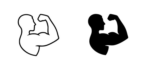 Outline and solid black vector logo of a gym with a man flexing arm