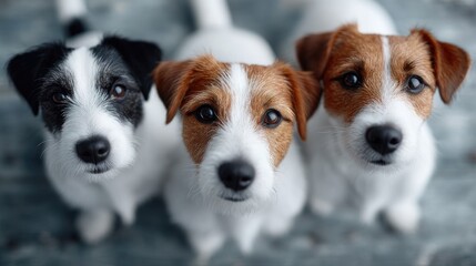 Three Jack Russell Terriers With White and Brown Markings Staring Upward On Gray Wooden Surface