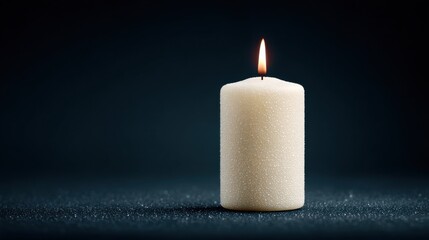 A candle is lit on a dark background