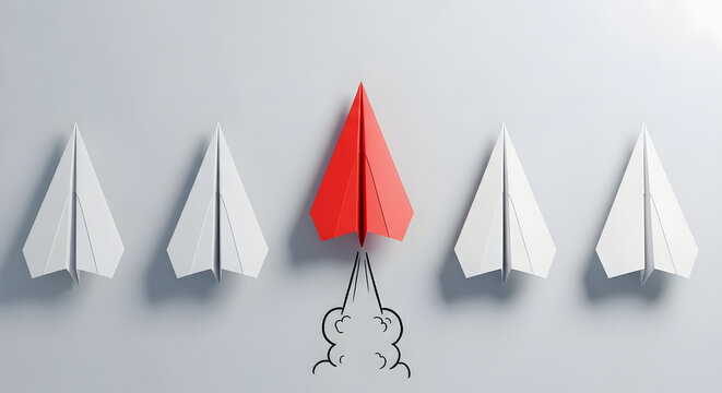 Staying ahead of your competitors. Accelerated development of the company. Innovation vision. Customized solution. Unique skills. Red paper plane and whites