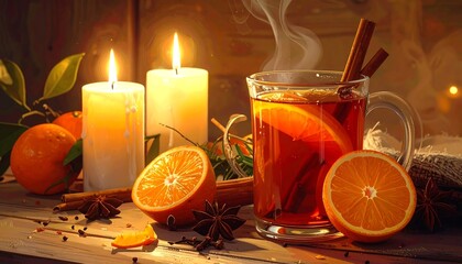 Warm Festive Citrusy Beverage with Candles and Spices