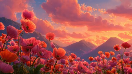 Obraz premium Pink Poppy Field at Sunset