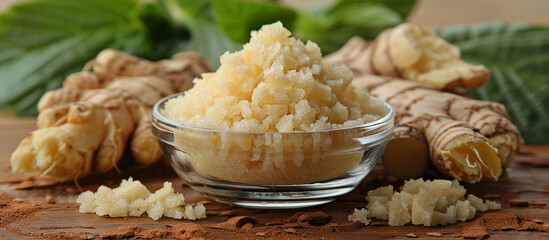 Grated root in bowl, whole roots, leaves on wood