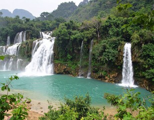 Fototapeta premium Ban Gioc waterfall in Vietnam, multiple cascading waterfalls dropping into turquoise river surrounded by lush tropical jungle and mountains, scenic travel destination and famous natural attraction in 