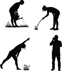 Silhouette of people gardening, watering plants, stretching exercise, outdoor activity, phone conversation, daily chores, healthy lifestyle, teamwork tasks, farming, relaxation