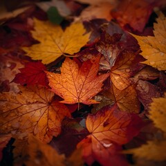 Fototapeta premium Autumn leaves background. A close up of many orange and red leaves. The leaves are wet and appear to be falling from a tree. Concept of autumn and the beauty of nature. 