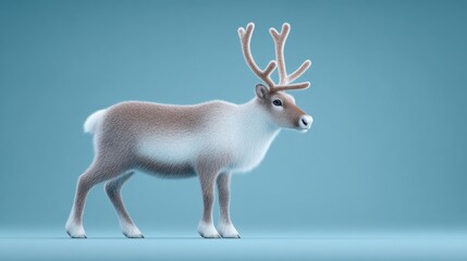A reindeer stands in front of a blue wall