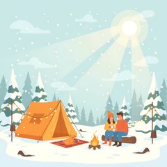 Winter holiday lifestyle illustration set with diverse people enjoying outdoor sports and cozy indoor relaxation.