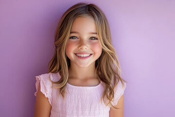 Fototapeta premium Portrait of a smiling young girl with blonde hair wearing light pink dress against lavender wall background, cheerful child with joyful natural expression, lifestyle concept for family and advertising