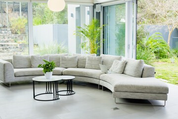 Curved sofa circling coffee tables with plant and laptop, glass walls revealing garden palms