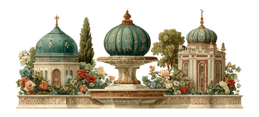 Obraz premium Decorative Architectural Elements with Colorful Domes and Floral Accents